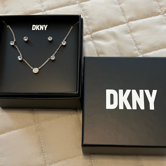 DKNY Gold and Silver Necklace and Earrings Set with Crystal Details - Picture 2 of 4